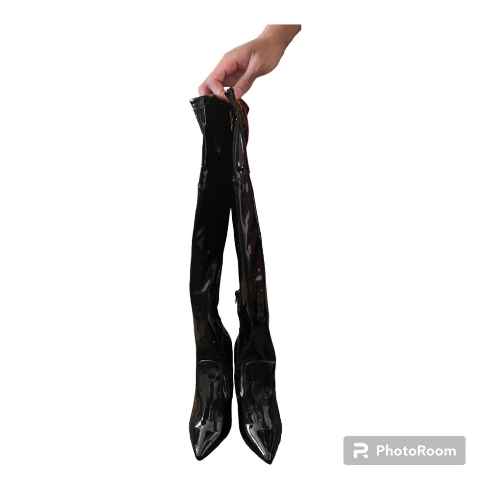 Patent Leather Knee High Boots Stilettos Black Women’s 7 1/2 Sexy Side Zipper .